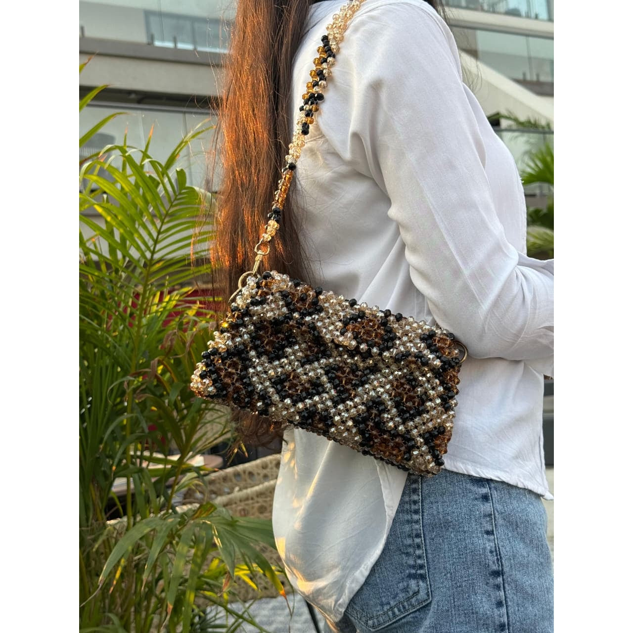 Women  Luxurious Leopard Beaded Bag ( Golden, Black and Brownish Crystal Used) * Golden Metal Chain * 1 meter * Also Available a Leonard Design Shoulder Belt