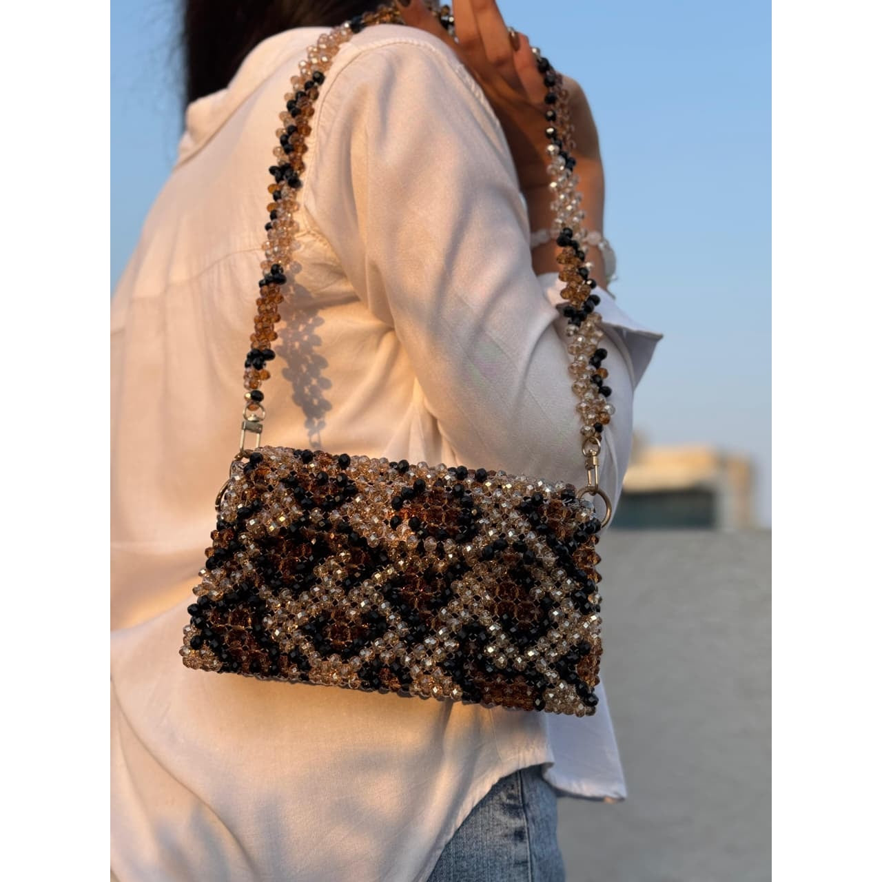 Women  Luxurious Leopard Beaded Bag ( Golden, Black and Brownish Crystal Used) * Golden Metal Chain * 1 meter * Also Available a Leonard Design Shoulder Belt