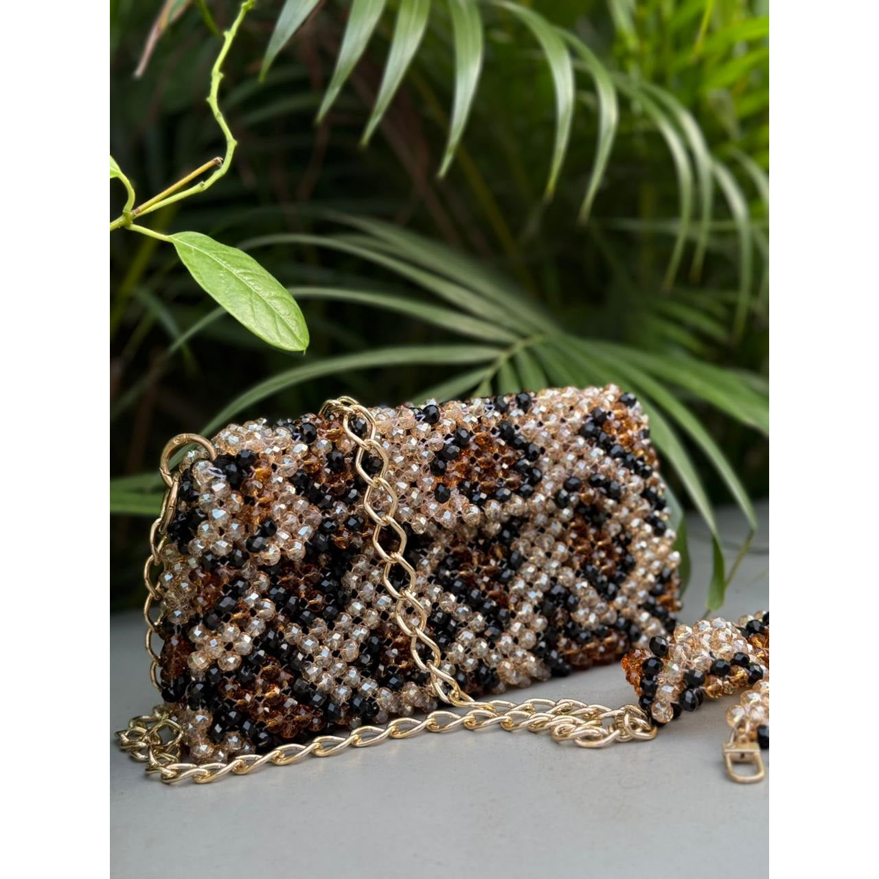 Women  Luxurious Leopard Beaded Bag ( Golden, Black and Brownish Crystal Used) * Golden Metal Chain * 1 meter * Also Available a Leonard Design Shoulder Belt
