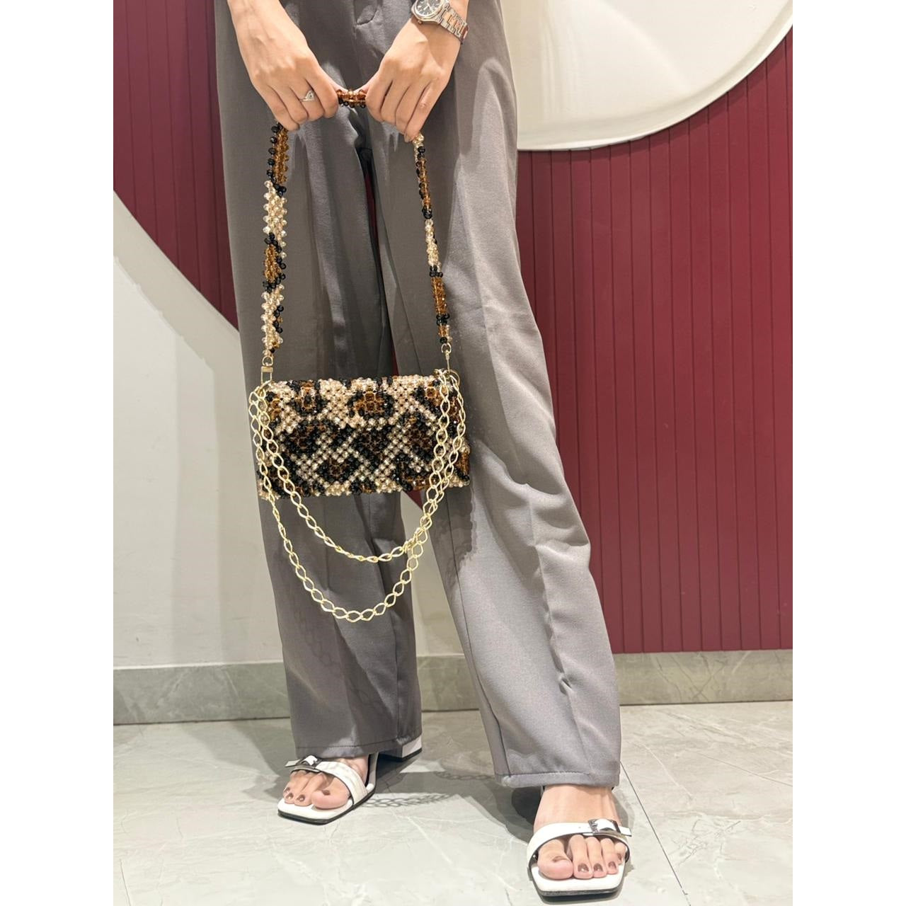 Women  Luxurious Leopard Beaded Bag ( Golden, Black and Brownish Crystal Used) * Golden Metal Chain * 1 meter * Also Available a Leonard Design Shoulder Belt