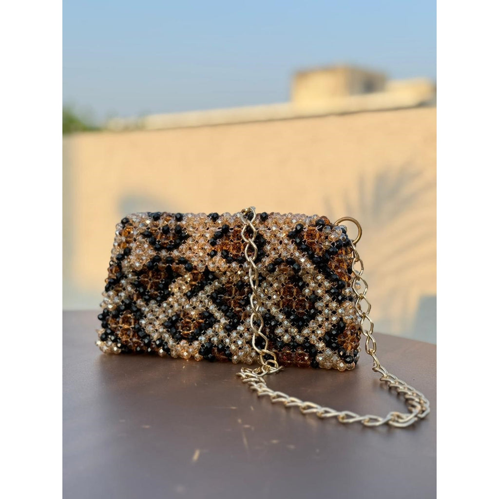Women  Luxurious Leopard Beaded Bag ( Golden, Black and Brownish Crystal Used) * Golden Metal Chain * 1 meter * Also Available a Leonard Design Shoulder Belt