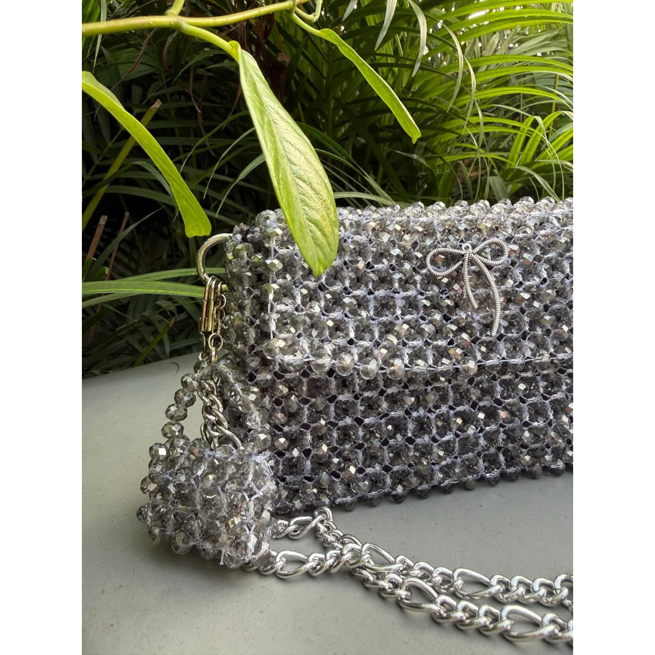 Women  Luxurious Leopard Beaded Bag * Metal Chain  * 8mm Crystal Gray in Color * With Mini Purse Charm Also