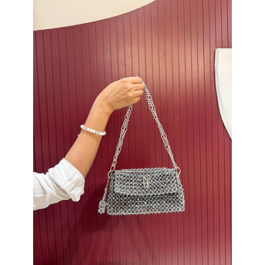 Women  Luxurious Leopard Beaded Bag * Metal Chain  * 8mm Crystal Gray in Color * With Mini Purse Charm Also