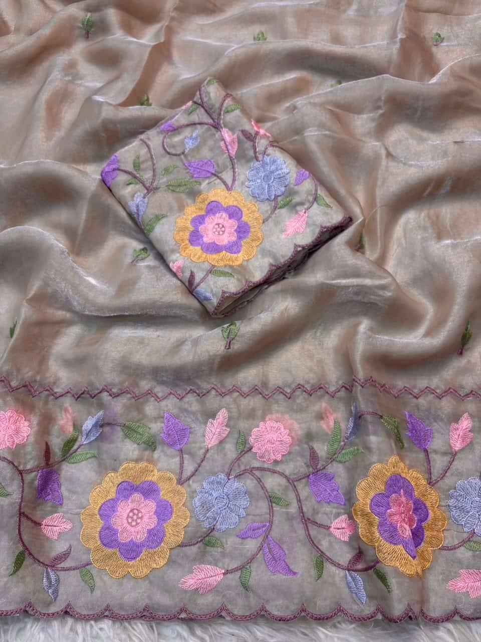 Shree Pastel Fendy Satin Partywear Saree with Multicolour Thread Embroidery