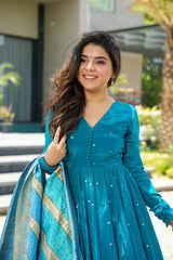 Bollywood Indian Pakistani Ethnic Party Wear Women Soft Pure Chinnon Silk Aqua Blue 9mm Anarkali Dupptta With Bottom Embroidered Suit Set Dress