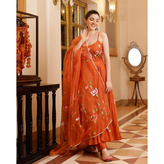 Bollywood Indian Pakistani Ethnic Party Wear Soft Pure Tubby Organza Orange Suit Dress