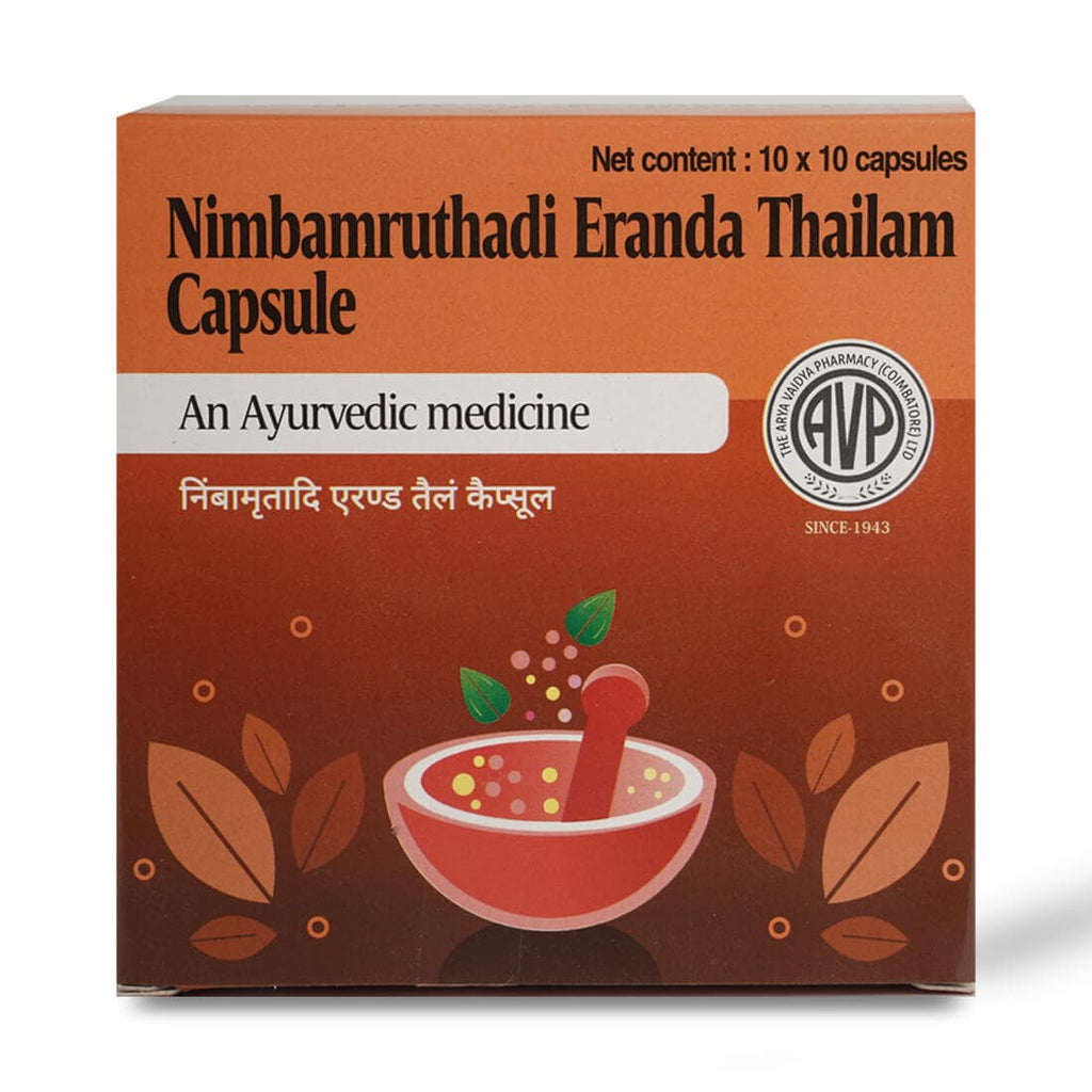 Arya Vaidya Pharmacy AVP Nimbamruthadi Eranda Thailam Ayurvedic Capsules