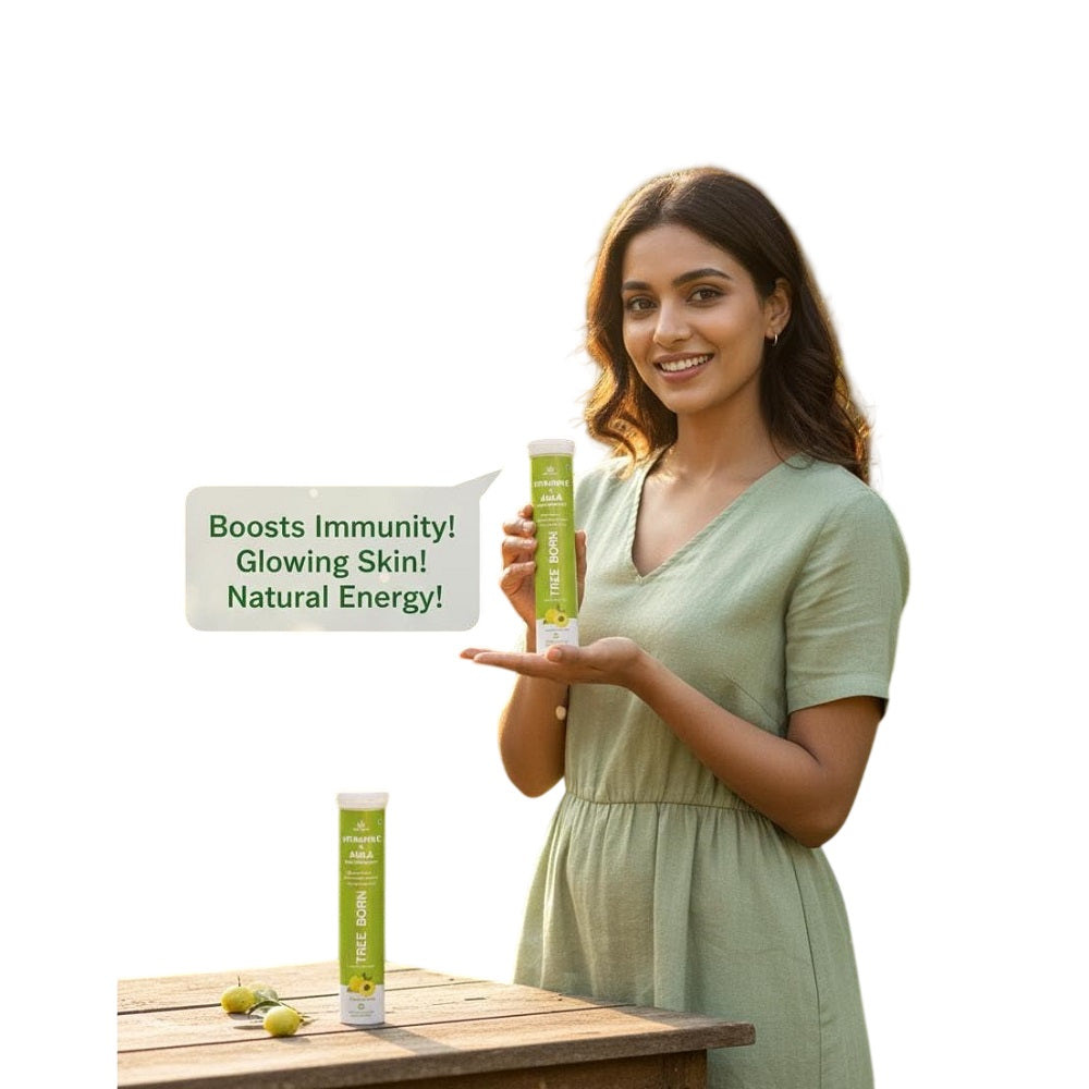 TREEBORN Natural Vitamin C - Amla Extract Effervescent Tablets for Clear, Glowing & Youthful Skin| Helps to Boost Collagen for Healthy Skin, Hair & Nails | Orange Flavour(20 tablets)