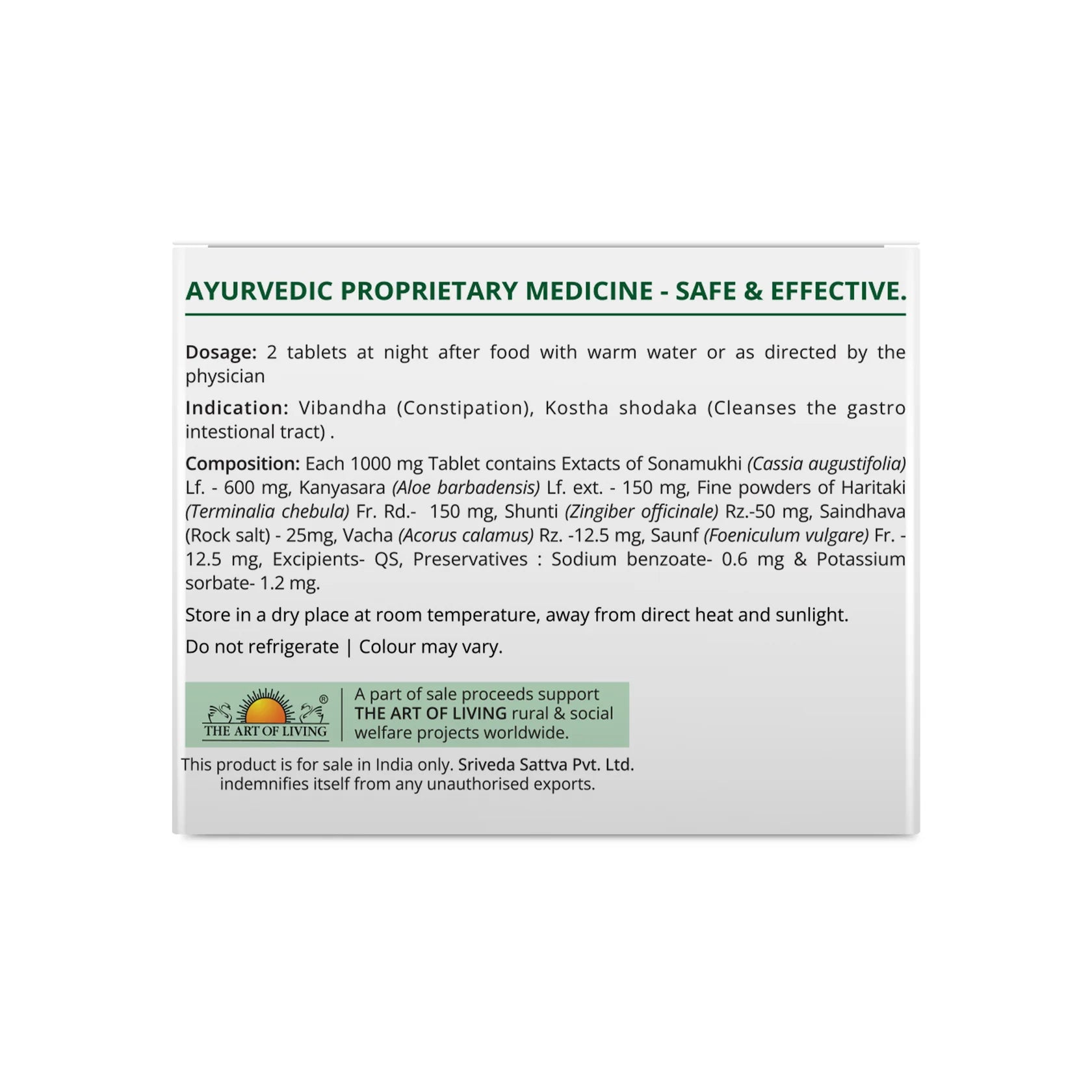 Sri Sri Tattva Ayurvedic Evacsure Laxative 1000mg 100 Tablets