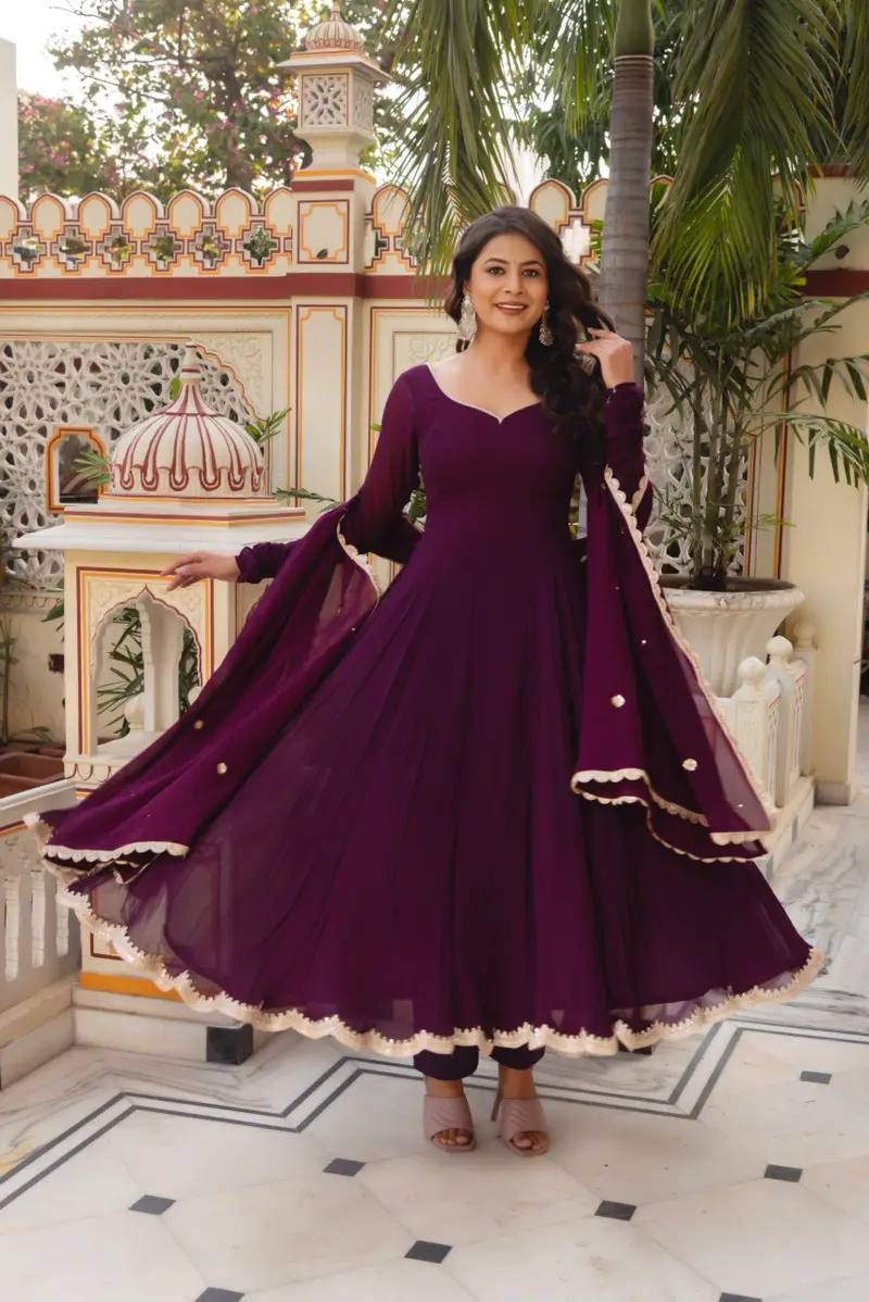 Bollywood Indian Pakistani Ethnic Party Wear Women Soft Pure Faux Georgette Wine Anarkali Dress