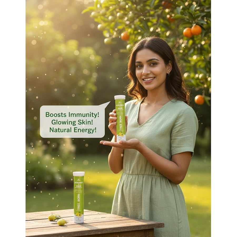 TREEBORN Natural Vitamin C - Amla Extract Effervescent Tablets for Clear, Glowing & Youthful Skin| Helps to Boost Collagen for Healthy Skin, Hair & Nails | Orange Flavour(20 tablets)