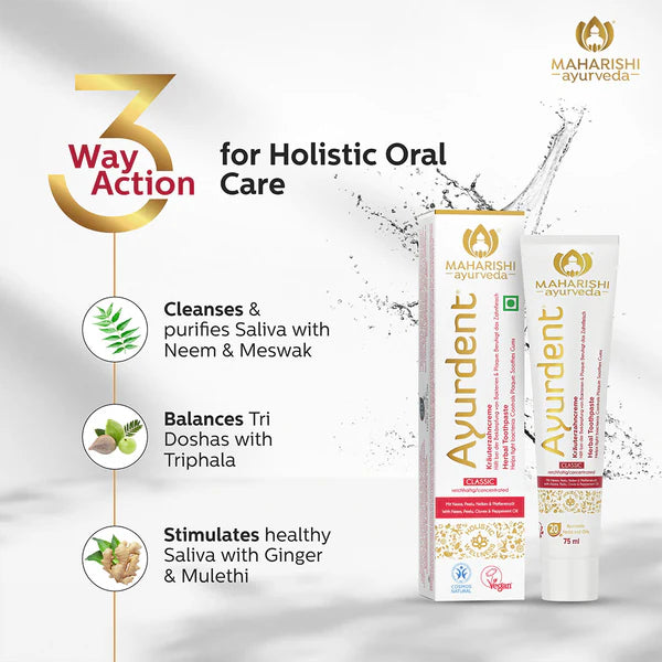 Maharishi Ayurveda Ayurdent Classic Toothpaste with 1 Pack Free Copper Tongue Cleaner Saliva Balancing Formula 75ml