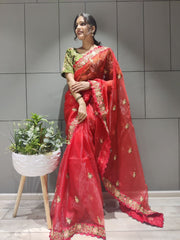 Bollywood Indian Pakistani Ethnic Party Wear Women Soft Pure Red Premium Organza Silk Saree/Sari