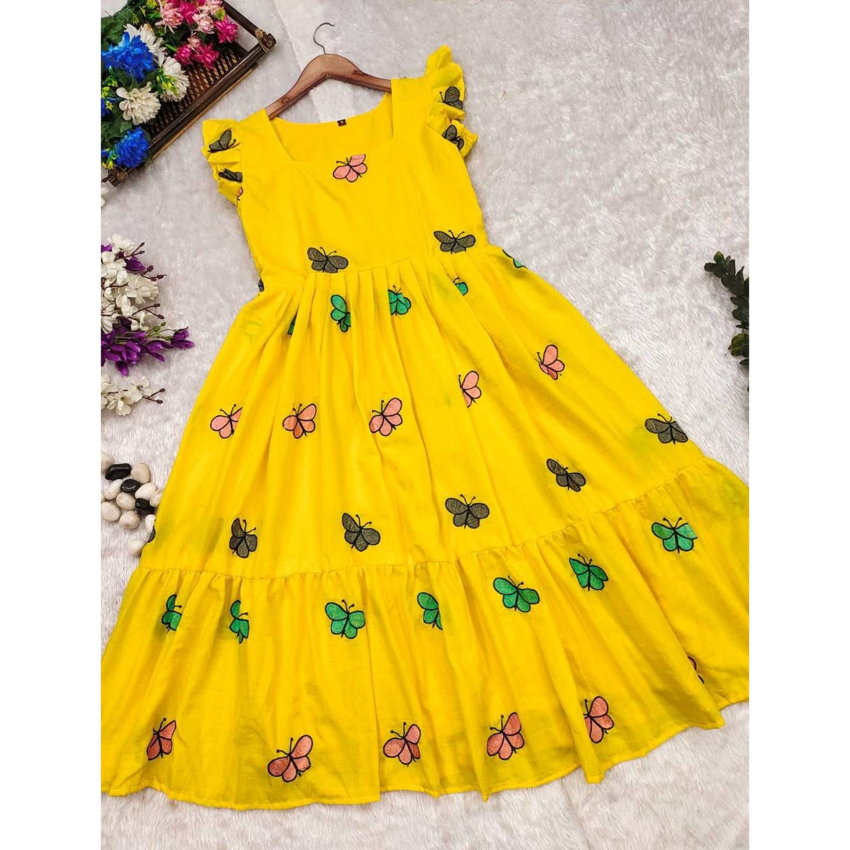 Bollywood Indian Pakistani Ethnic Party Wear Women Soft Pure Maska Cotton Butterfly Printed Yellow Maxi Dress