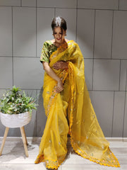 Bollywood Indian Pakistani Ethnic Party Wear Women Soft Pure Premium Organza Silk Yellow Saree/Sari