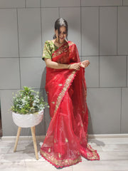 Bollywood Indian Pakistani Ethnic Party Wear Women Soft Pure Red Premium Organza Silk Saree/Sari