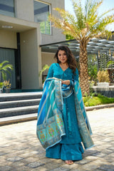 Bollywood Indian Pakistani Ethnic Party Wear Women Soft Pure Chinnon Silk Aqua Blue 9mm Anarkali Dupptta With Bottom Embroidered Suit Set Dress