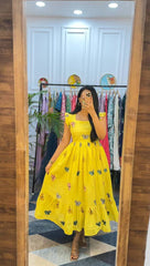 Bollywood Indian Pakistani Ethnic Party Wear Women Soft Pure Maska Cotton Butterfly Printed Yellow Maxi Dress