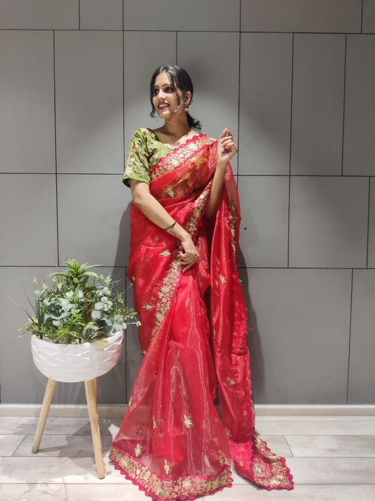 Bollywood Indian Pakistani Ethnic Party Wear Women Soft Pure Red Premium Organza Silk Saree/Sari