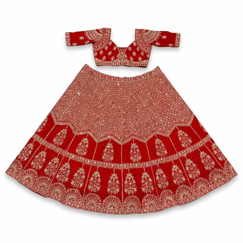 Red Kesariya Satin Semi-Stitched 10-Kali Lehenga Set - HC-1145