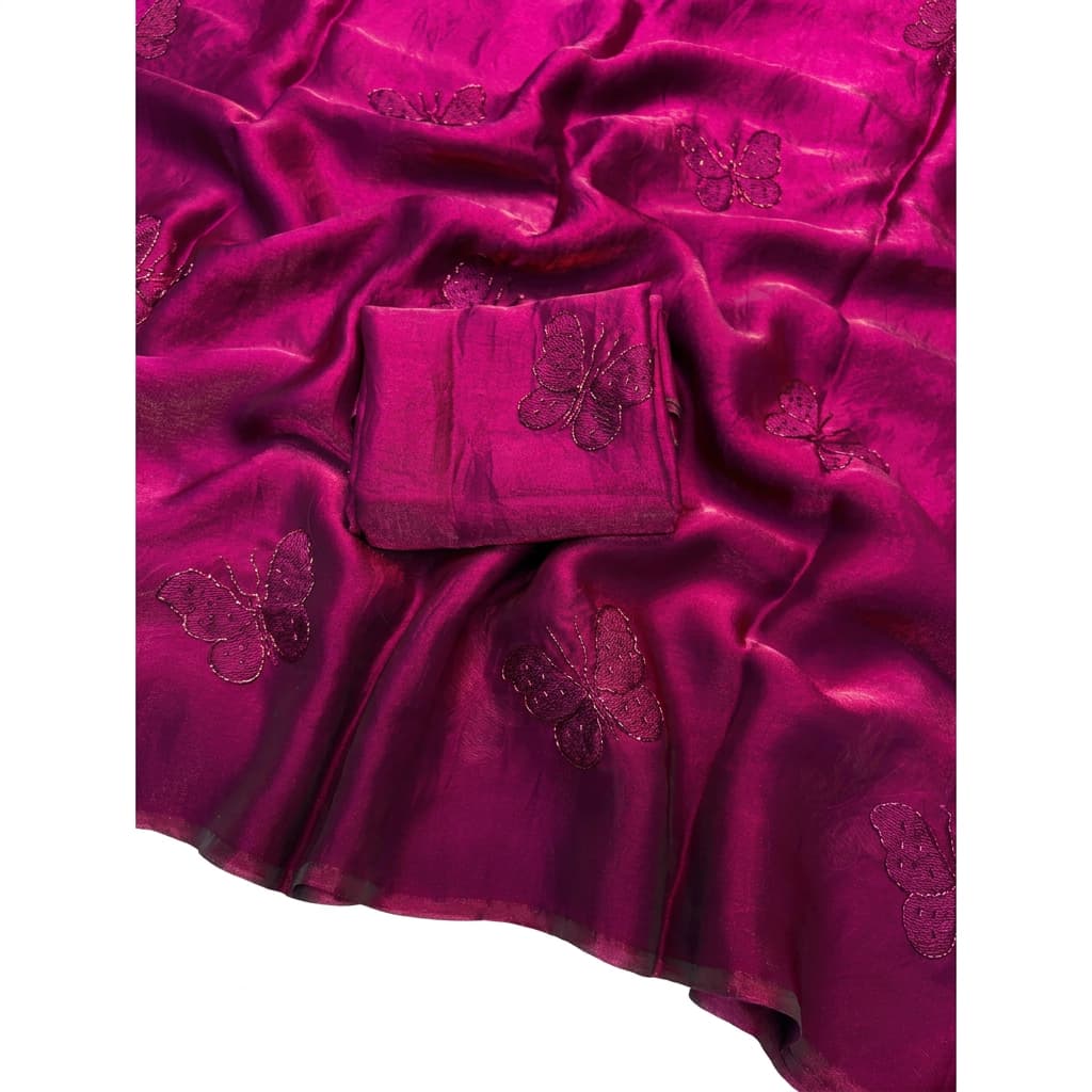 Shree Butterfly Two-Tone Fendy Satin Saree with Bead Handwork