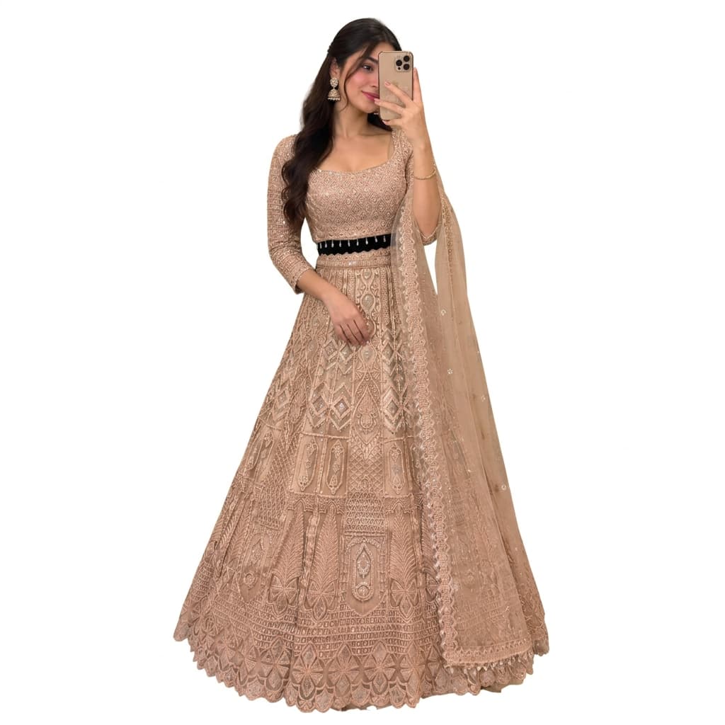 Beige Butterfly Net Semi-Stitched Lehenga Set - HC-1161
