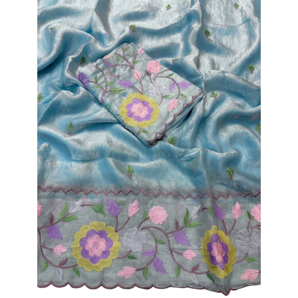 Shree Pastel Fendy Satin Partywear Saree with Multicolour Thread Embroidery