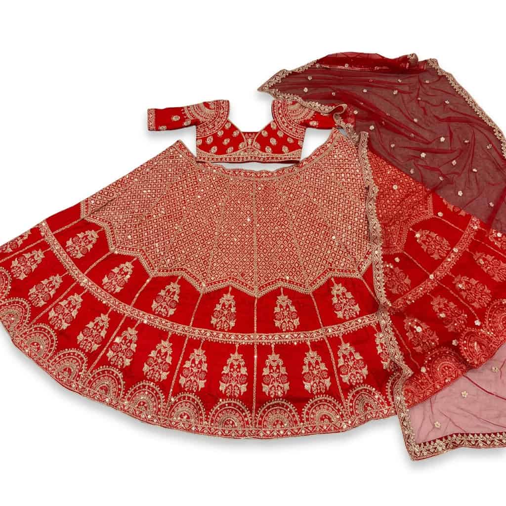 Red Kesariya Satin Semi-Stitched 10-Kali Lehenga Set - HC-1145