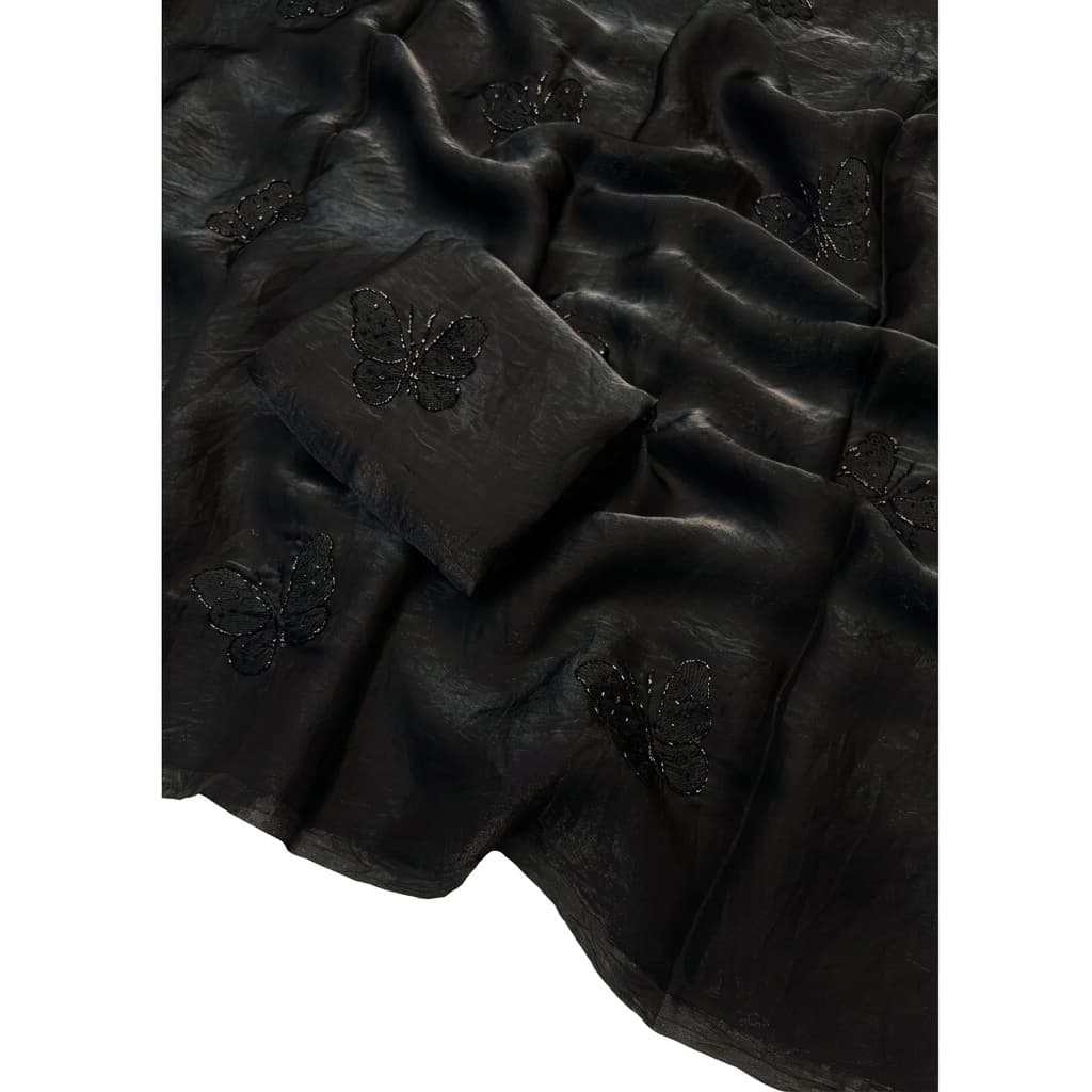 Shree Butterfly Two-Tone Fendy Satin Saree with Bead Handwork