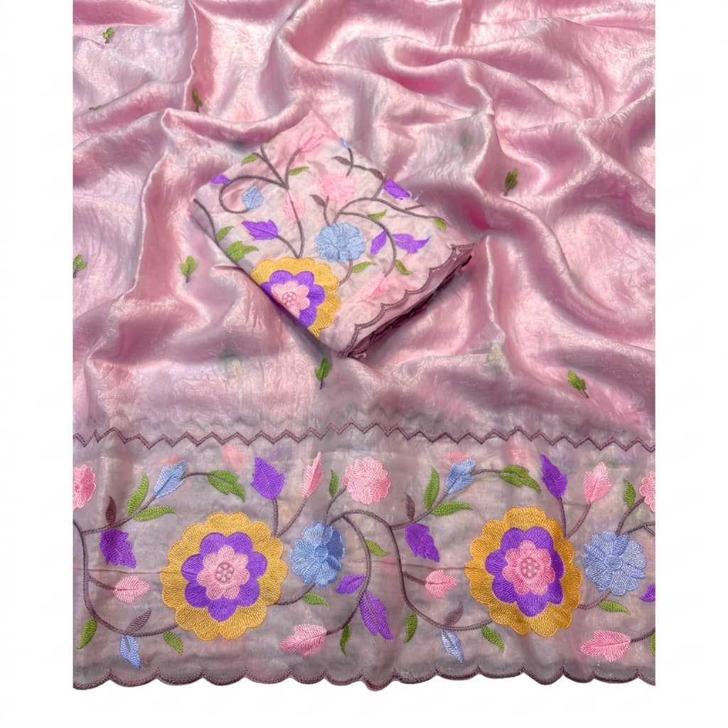 Shree Pastel Fendy Satin Partywear Saree with Multicolour Thread Embroidery