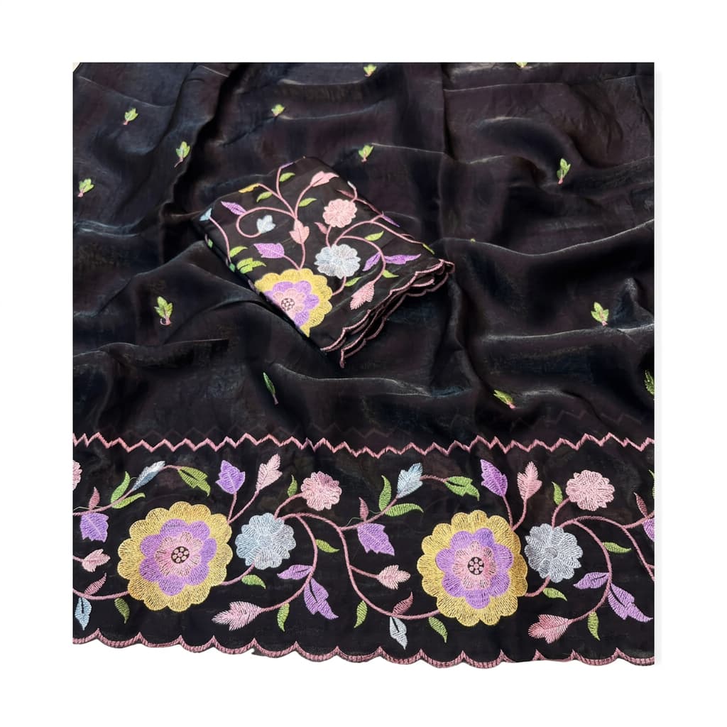 Shree Pastel Fendy Satin Partywear Saree with Multicolour Thread Embroidery