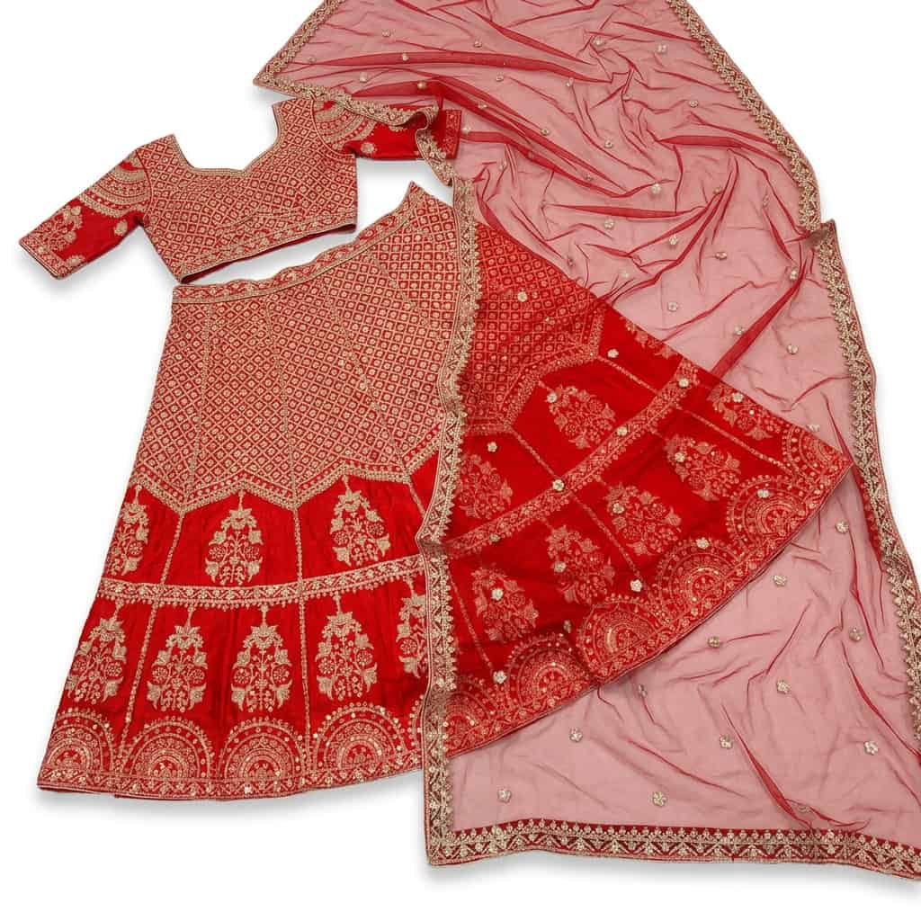 Red Kesariya Satin Semi-Stitched 10-Kali Lehenga Set - HC-1145