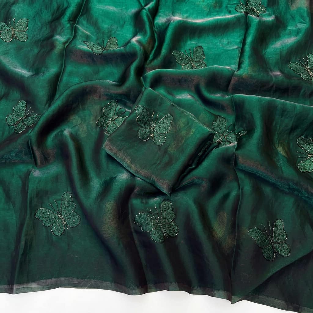 Shree Butterfly Two-Tone Fendy Satin Saree with Bead Handwork