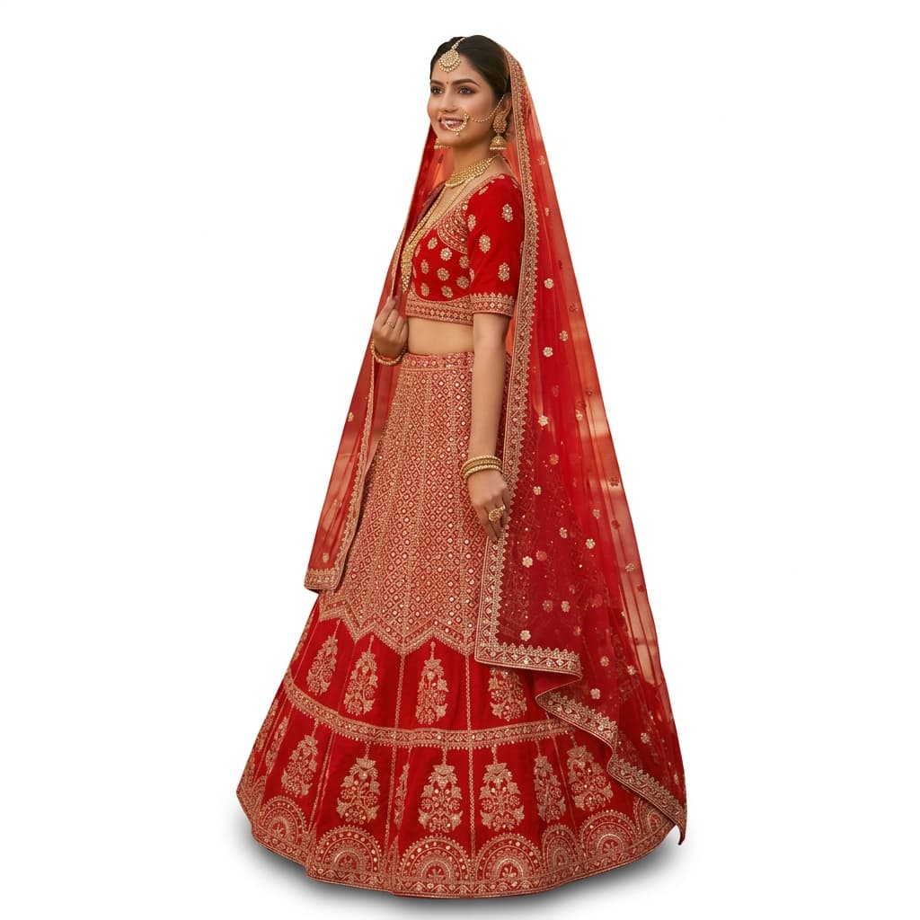 Red Kesariya Satin Semi-Stitched 10-Kali Lehenga Set - HC-1145