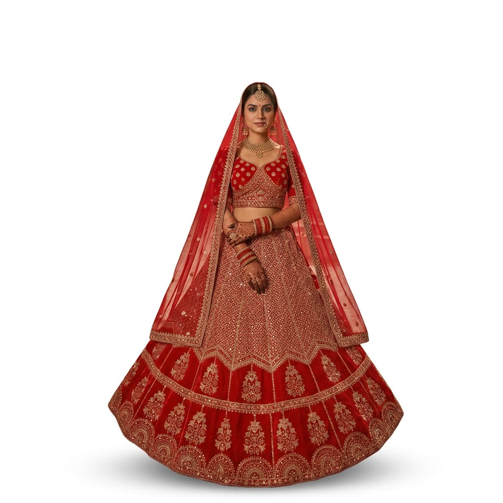 Red Kesariya Satin Semi-Stitched 10-Kali Lehenga Set - HC-1145