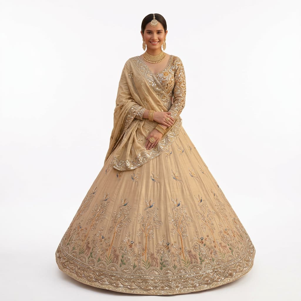 Beige Rangoli Silk Embroidered Lehenga Set - HC-1135