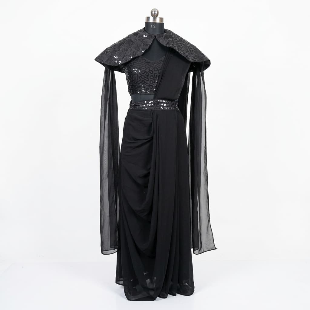 Black Faux Georgette Drape Saree with Embroidered Shrug - HC-SALE