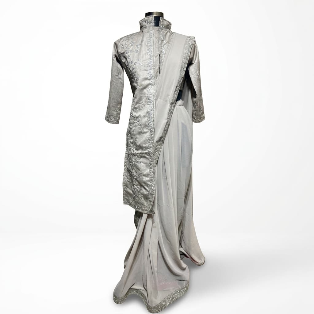 Silver Grey Ready-to-Wear Lehenga Saree with Stitched Koti - HC-SALE
