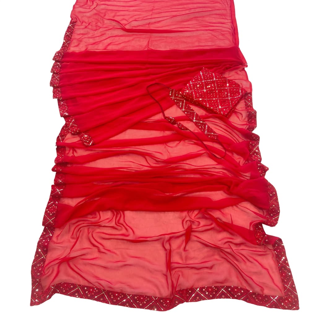 Red Georgette Chikankari Ready-to-Wear Saree with Belt - HC-621
