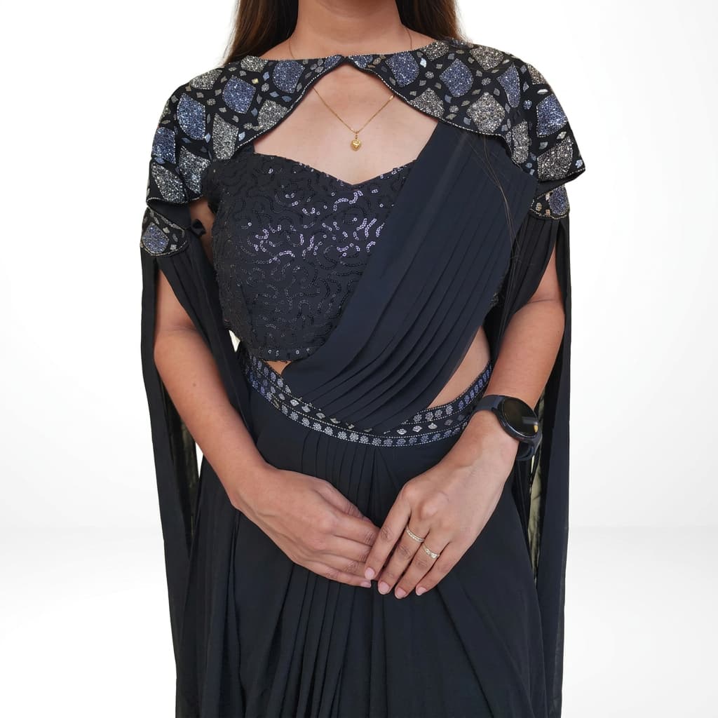 Black Faux Georgette Drape Saree with Embroidered Shrug - HC-SALE