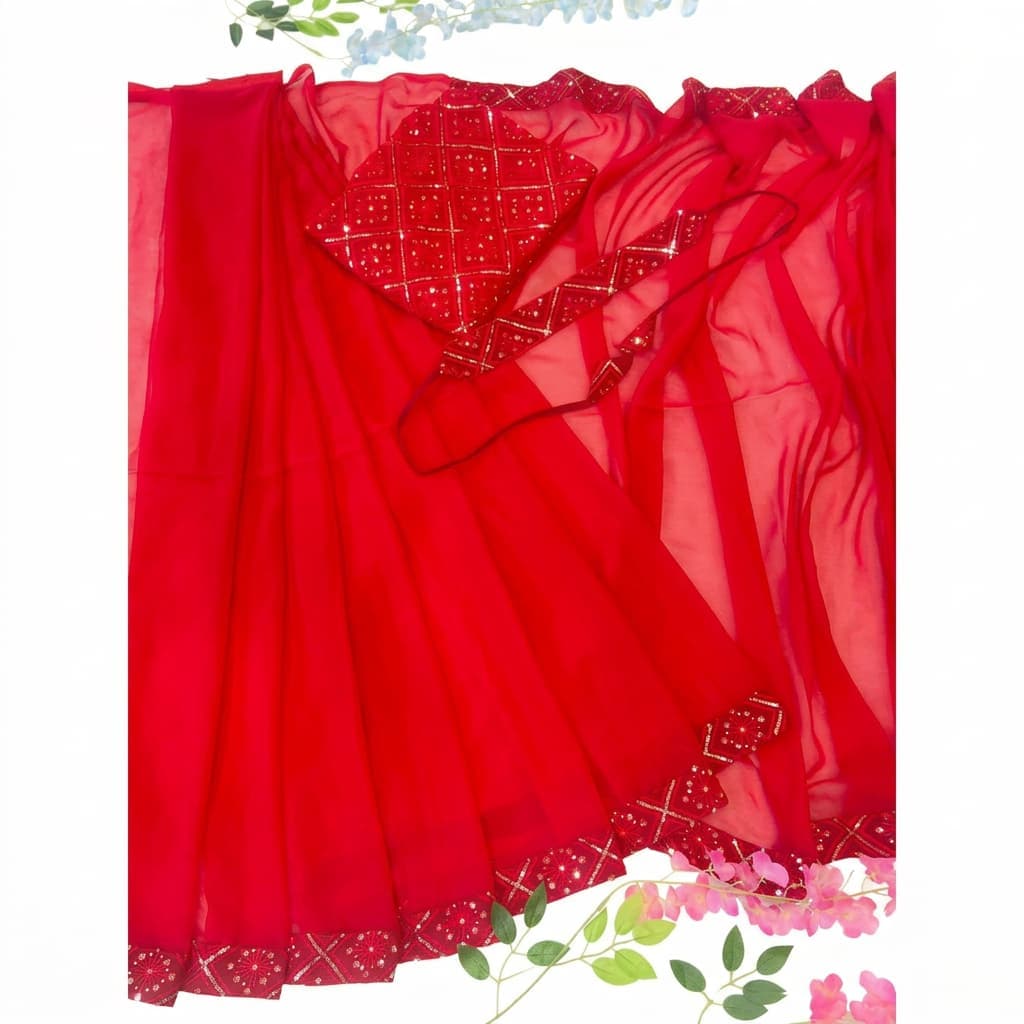 Red Georgette Chikankari Ready-to-Wear Saree with Belt - HC-621