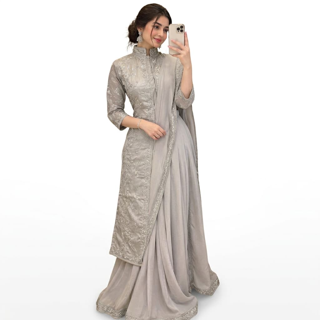 Silver Grey Ready-to-Wear Lehenga Saree with Stitched Koti - HC-SALE