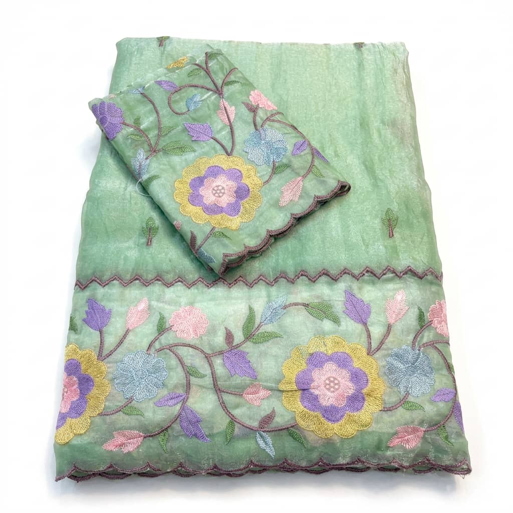 Shree Pastel Fendy Satin Partywear Saree with Multicolour Thread Embroidery