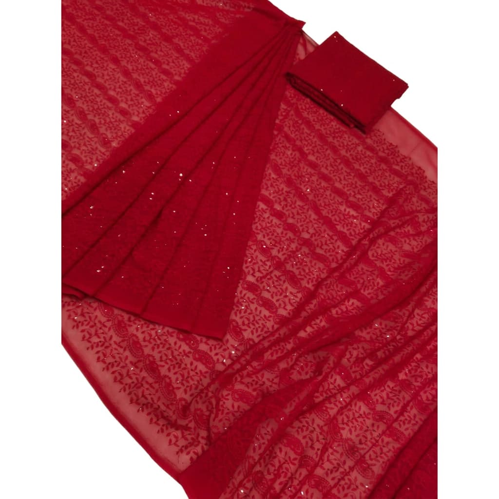 Red Georgette Chikankari Ready-to-Wear Saree - HC-716