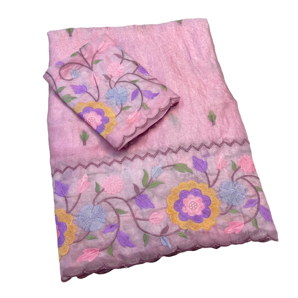Shree Pastel Fendy Satin Partywear Saree with Multicolour Thread Embroidery