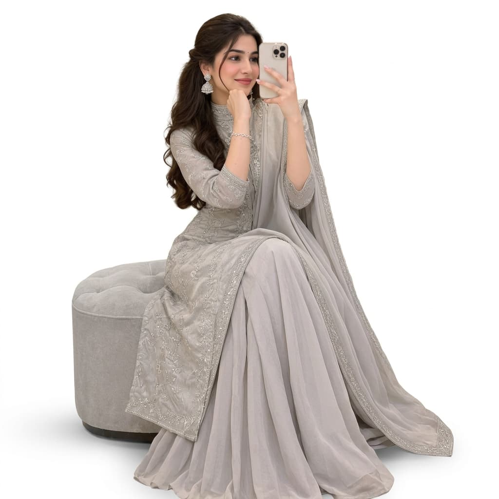 Silver Grey Ready-to-Wear Lehenga Saree with Stitched Koti - HC-SALE