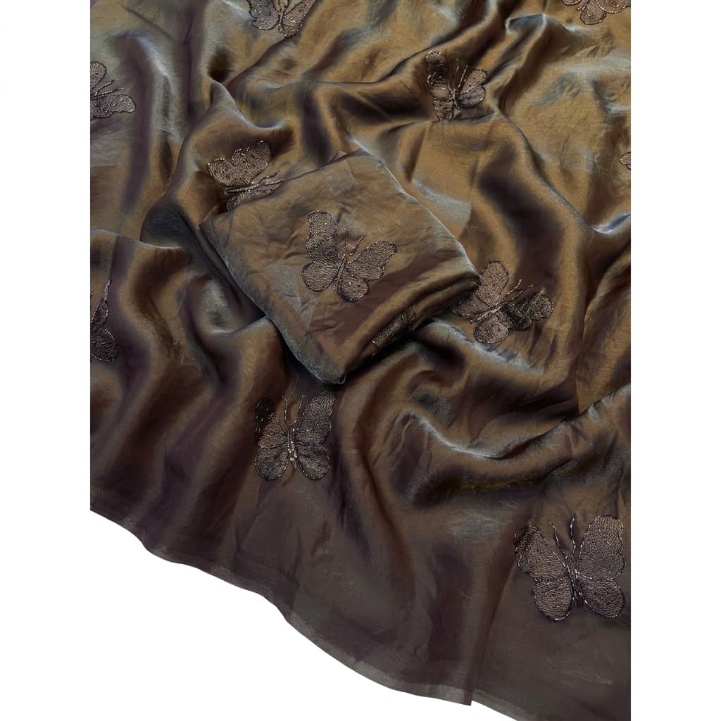 Shree Butterfly Two-Tone Fendy Satin Saree with Bead Handwork