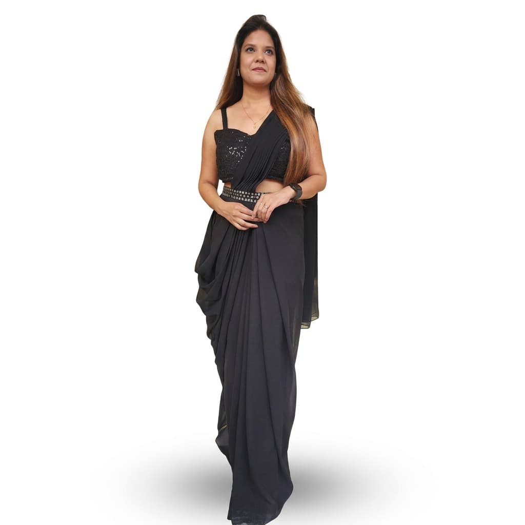 Black Faux Georgette Drape Saree with Embroidered Shrug - HC-SALE