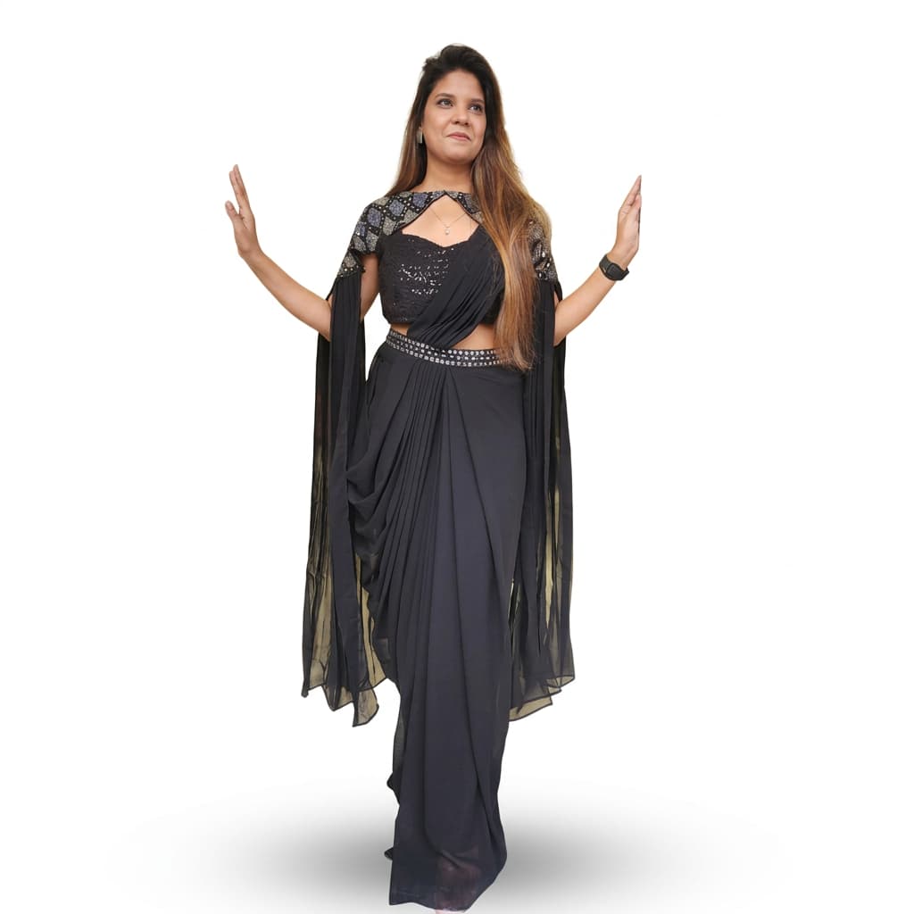 Black Faux Georgette Drape Saree with Embroidered Shrug - HC-SALE