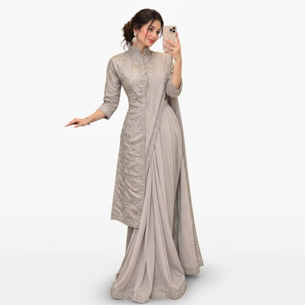 Silver Grey Ready-to-Wear Lehenga Saree with Stitched Koti - HC-SALE